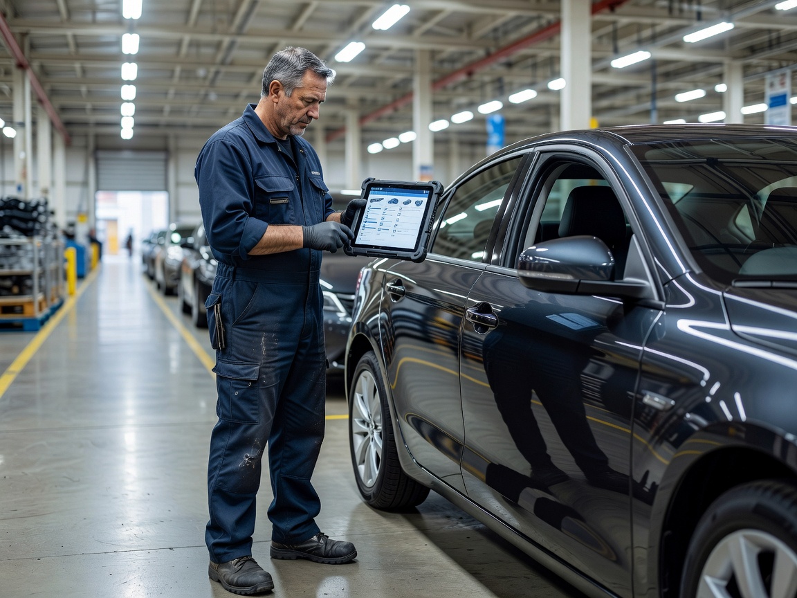 Automotive logistics technician holding a digital condition inspection checklist next to a clean vehicle door