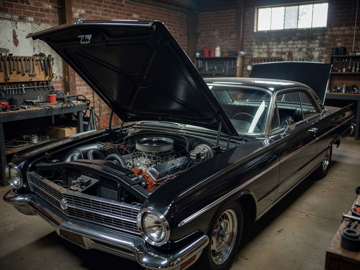 Classic vintage automobile engine bay and coachwork in a preservation garage