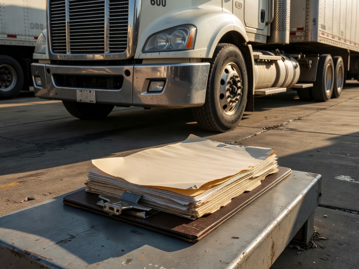Customs documentation folder and clipboard in front of a transport rig