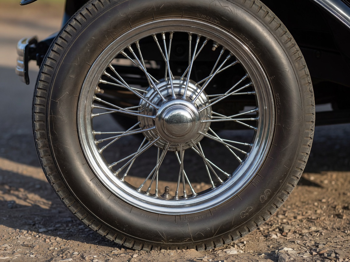 Detailed view of classic car wire-spoke wheel and vintage tire