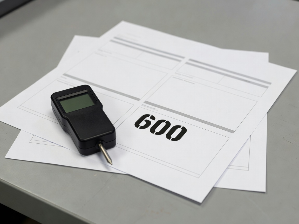 Digital paint gauge tool resting alongside automotive inspection documentation