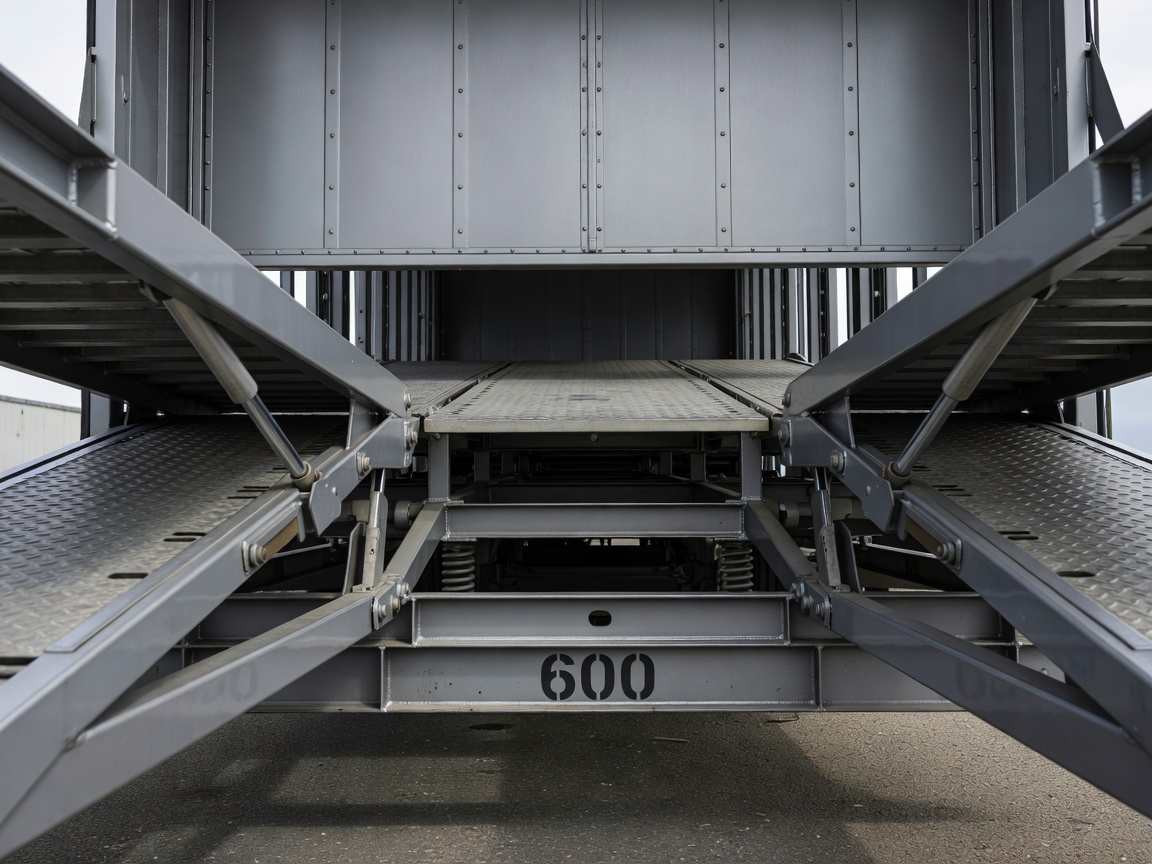 Enclosed car transporter showing low angle rear hydraulic ramp system