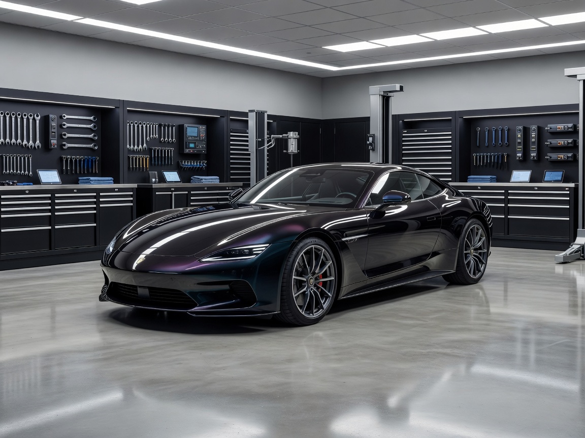 High performance luxury grand tourer inside an organized modern automotive workshop