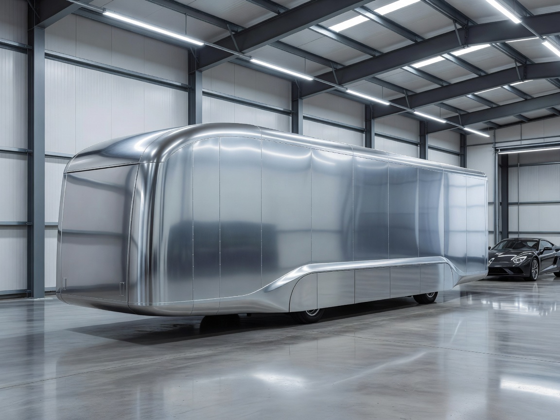 Sleek modern enclosed vehicle transport trailer inside a climate-controlled loading bay