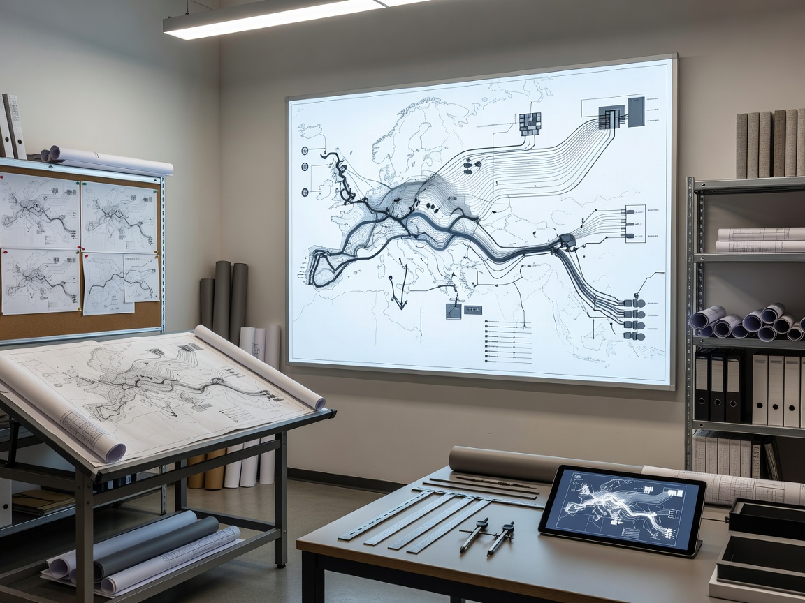 Specialist architectural workspace with route maps and automotive logistics diagrams