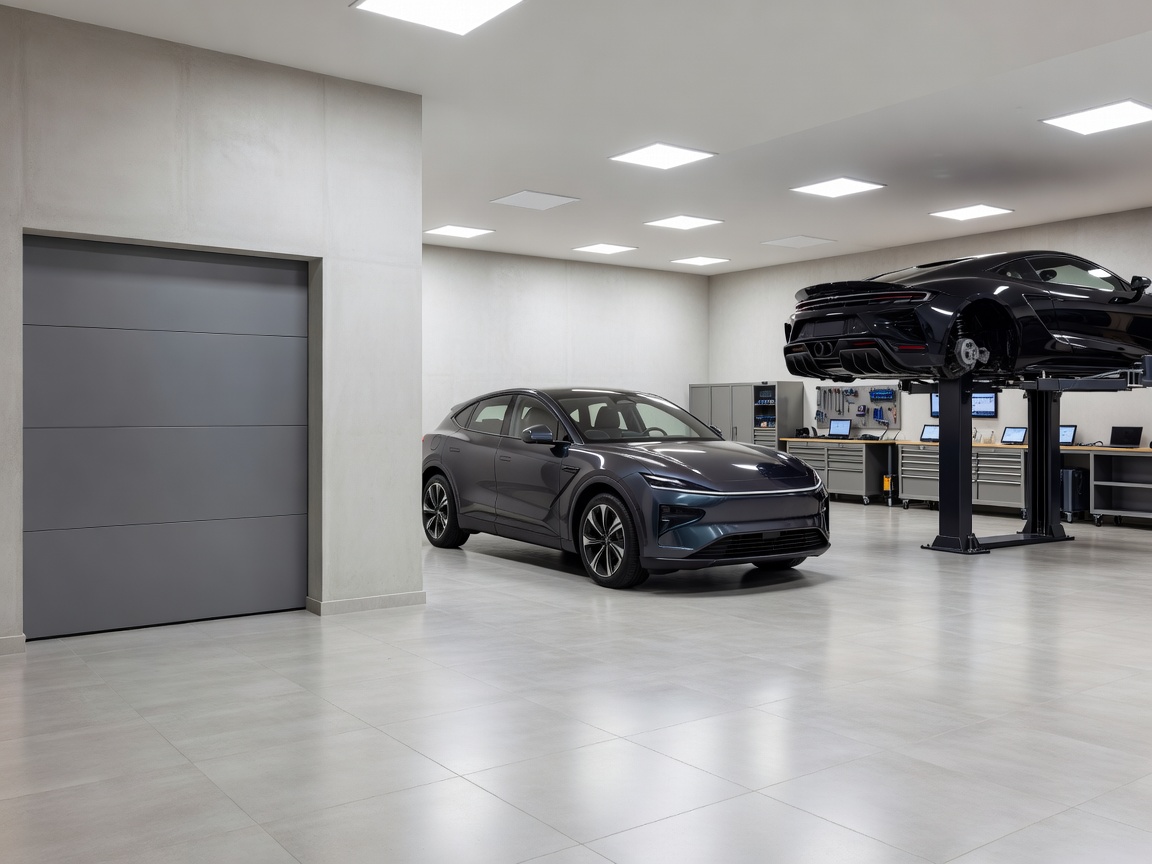 Specialist modern vehicle workshop with discreet entrance and clean tiled floor