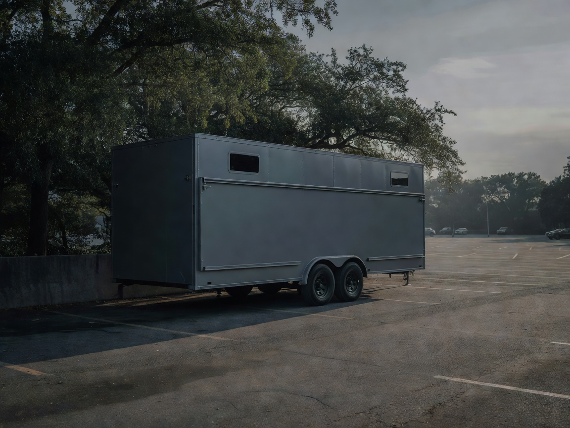 Unbranded grey enclosed vehicle transport trailer parked discreetly