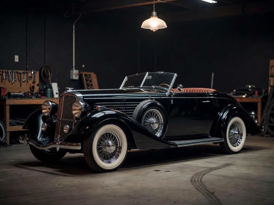 Vintage classic automobile with wire wheels preserved under soft garage lighting