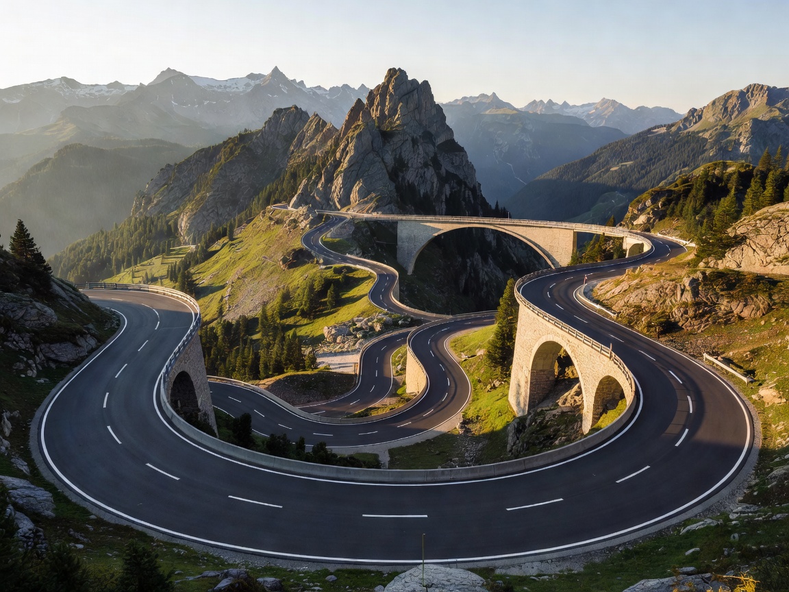Winding European mountain pass road with smooth asphalt and panoramic viaducts